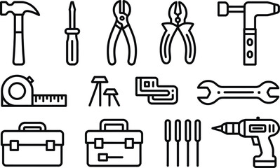 Obraz premium Outlined Tools Set Hammer Screwdriver Pliers Wrench Drill Tape Measure Toolbox