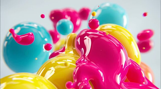 Energetic macro shot of vibrant magenta, turquoise blue, and yellow glossy paint droplets floating in air. Abstract, playful composition with bright colors and a soft pastel background.