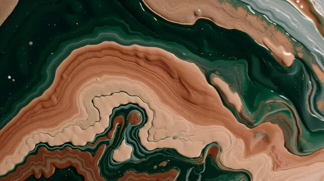 Abstract macro painting with swirling patterns in deep forest green, terracotta, and sandy beige. Earthy, organic textures and harmonious color blend create a modern natural background, ideal for desi