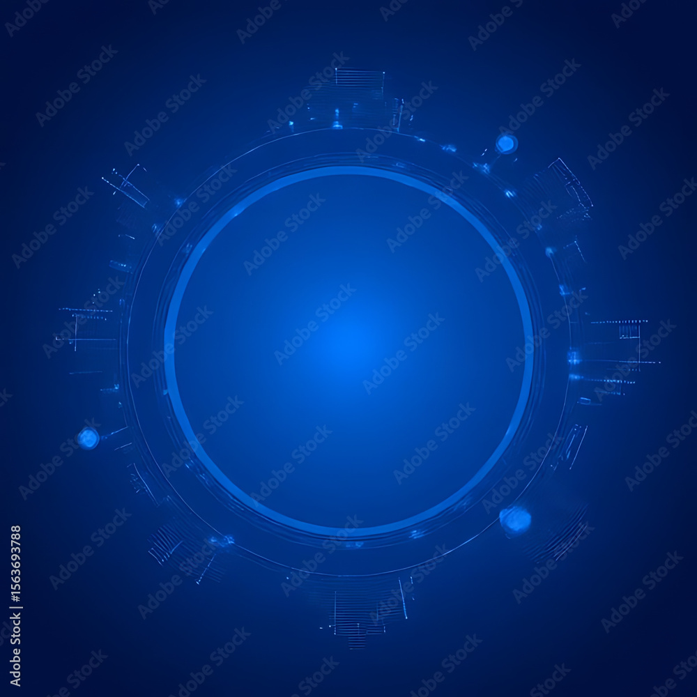 Poster blue digital circular design with glowing lines and dots surrounding a central empty circle on a dar