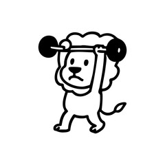 A cartoon lion lifting weights
