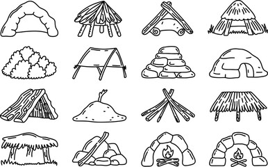 Hand-drawn Shelters and Structures Illustration in Black and White