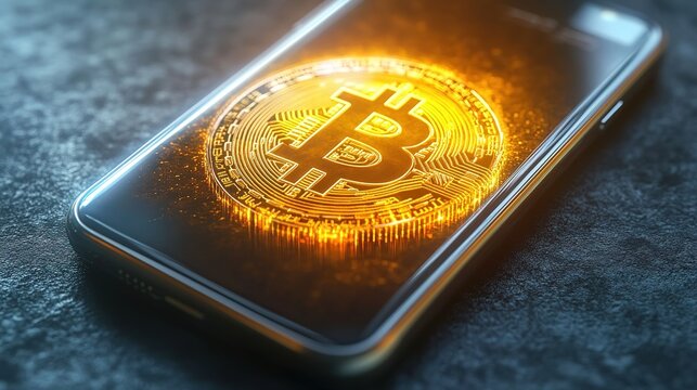 A glowing digital Bitcoin symbol displayed on a smartphone screen, representing cryptocurrency and digital finance.