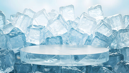 Glistening Ice Crystal 3D Product Display Podium with a Frosted Snowy Ice Cube Platform