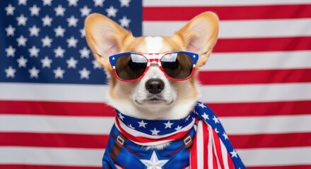 Patriotic Corgi Dog Wearing Sunglasses and Scarf in Front of American Flag