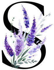 Black letter S with watercolor purple lavender flowers, summer floral wedding isolated monogram