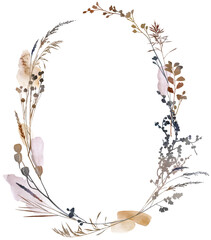 Watercolor boho autumn oval floral frame with dried leaves in earthy tones, wedding illustration