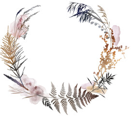 Watercolor boho autumn round floral frame with dried leaves in earthy tones, wedding illustration