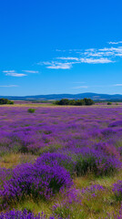 Fototapeta premium A vast lavender field under a clear blue sky, soft breeze, vibrant purple hues