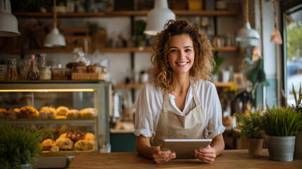 Curly haired smiling woman in beige apron standing behind a wooden coffee shop counter holding a tablet. Showcases with fresh pastries and bread. Small business owner. Generative AI