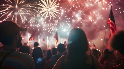 Hyper realistic photo of 4th of July fireworks lighting up the night sky, with people seen from behind in silhouette. American flags, glowing colors, and festive atmosphere in a patriotic celebration.