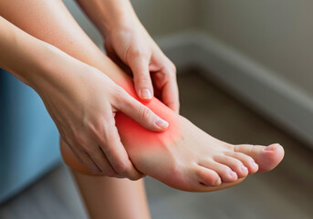 Post-Adventure Aches: A Young Woman's Hand Gently Kneads the Tender Heel, Finding Solace on Her Sofa.