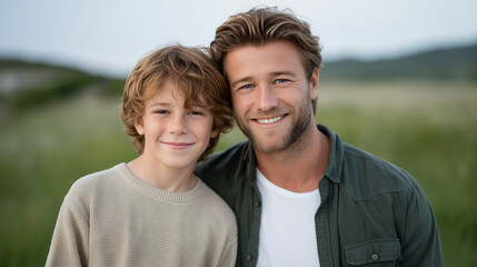 Obraz premium Joyful father-son moments in a sunset park.
