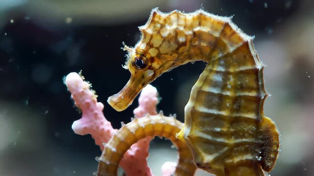 A beautiful yellow seahorse clings to pink coral in a dark aquarium.