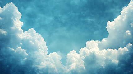 Serene blue sky with dramatic cumulus clouds forming a border creating a dreamlike atmosphere ideal for backgrounds and overlays