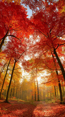 A golden autumn forest with vibrant red and orange leaves, sunlight streaming through branches