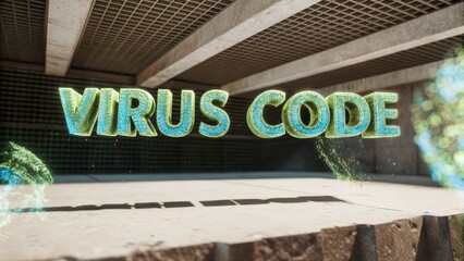 A digital 3D text "VIRUS CODE" floats in an industrial-style room with concrete walls and ceiling, surrounded by abstract virus-like particles.