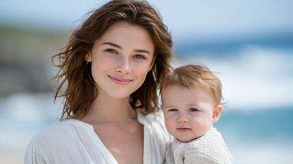 Fototapeta premium Joyful mother and baby bonding on a sunny beach.