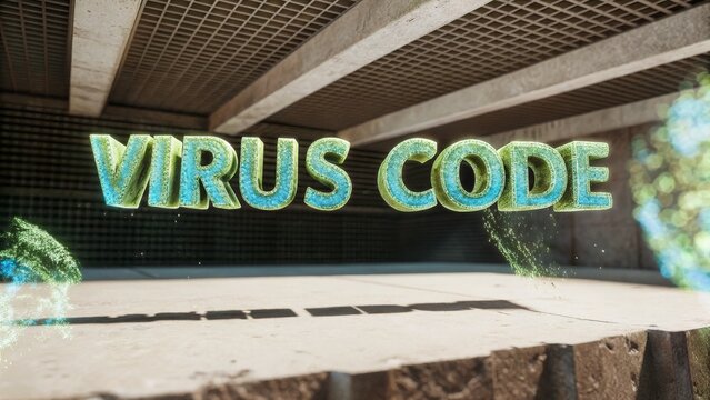 A digital 3D text "VIRUS CODE" floats in an industrial-style room with concrete walls and ceiling, surrounded by abstract virus-like particles.