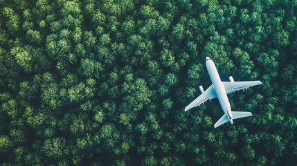 Sustainable aviation fuel concept of flight running on biofuel green energy An aerial view of an airplane flying over green forest the environmental impact and sustainability in the travel industry