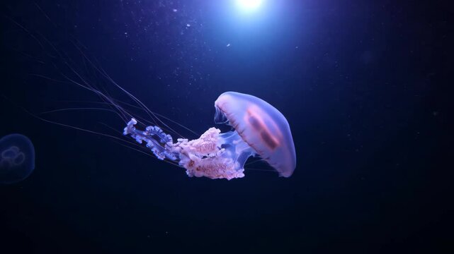 A luminous pink and purple jellyfish swims gracefully in the deep blue ocean