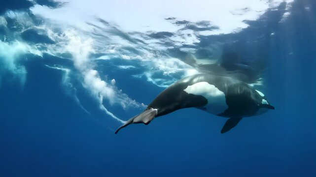 Cinematic slow motion of a giant orca in its natural ocean habitat.