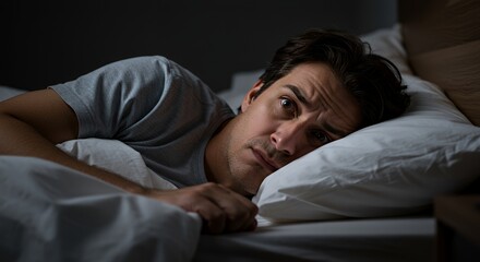 Troubled man lies awake in bed, eyes wide open, expressing worry and anxiety in the dim light of night.