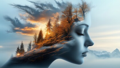 Double exposure of woman profile and forest landscape with dreamy sky for nature and imagination themes.