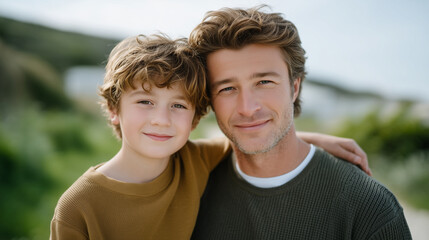 Joyful father-son bonding in the sun on Father's Day.