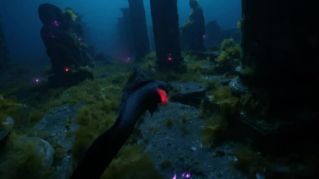 Cinematic horror scene with a scary sea monster in a sunken temple