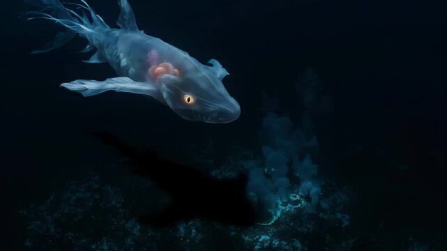 A bioluminescent ghost shark with a glowing eye swims in the deep, dark ocean.