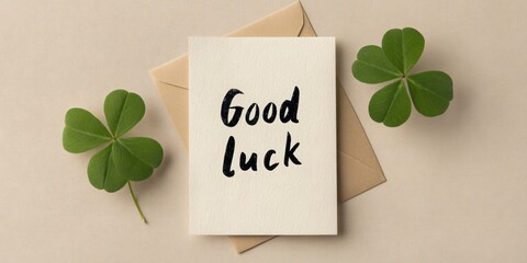 Flat lay greeting card and envelope for good luck minimalistic style soft colors creative concept aesthetic visual