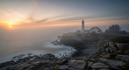 White lighthouse on a rocky coast at sunrise in fog with a building nearby. Coastal guidance and safety concept.