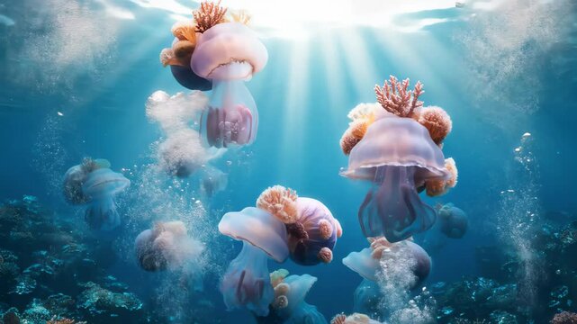 Surreal jellyfish with coral heads floating in the ocean with bubbles and sunbeams. Underwater, fantasy or magical creatures for a cinematic, abstract or beautiful video - Dreamy, peaceful or relaxing
