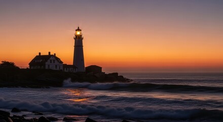 Lighthouse on a rocky coast at dawn. Sea waves crashing near an iconic landmark at sunrise. Guiding light for navigation.