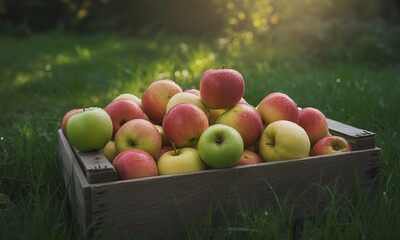 Freshly Harvested Apples in Wooden Crate on Green Grass Dewy and Bright.