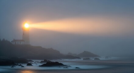 Fototapeta premium A white lighthouse illuminates the dark, foggy coast with a bright, orange beam, guiding ships through the heavy fog and along the ocean shore.
