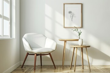 A Living Room with a White Chair and a Wooden Table with a Picture on it