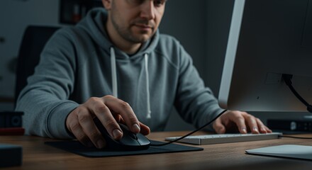 Late-night work session: A focused man diligently uses a computer mouse, engrossed in his task under dim lighting.
