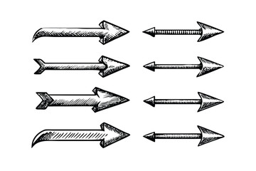 Arrow Icons Vector Engraving Set. Detailed Monochrome Pointer Illustrations. Vintage Stipple & Hatching Symbols