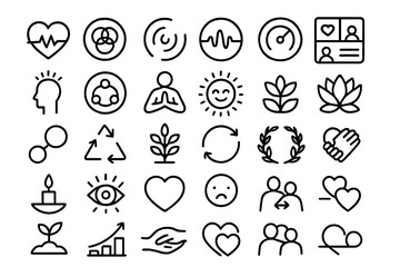Black wellness and mindfulness icon set on dark gradient background