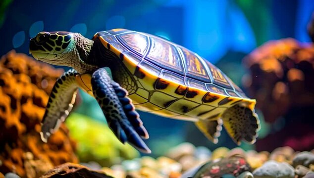 a turtle swimming in the underwater, the tortoise has a light colored shell and flippers
