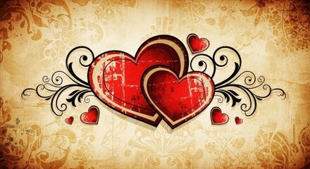 Two Red Hearts Connected With Swirling Flourishes And Small Hearts Scattered Around On Textured Background