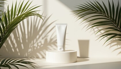 Elegant white cosmetic tube presentation amidst tropical leaf shadows for branding