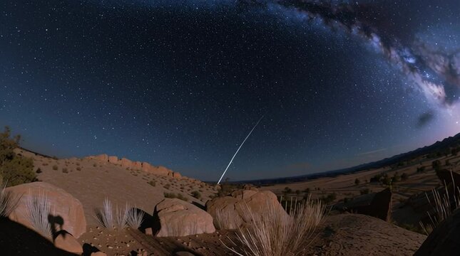 Breathtaking Meteor Streaks Across Starry Night Sky with Milky Way Over Desert Landscape Rocky Terrain Enhances Celestial and Cosmic View