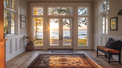 Serene coastal living room interior with ocean sunset view and modern design elements showcasing peaceful atmosphere,natural light,and harmonious coastal scenery