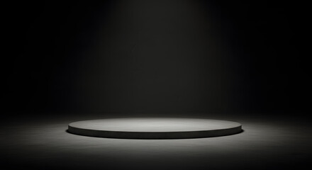 Dramatic spotlight on a circular gray concrete platform against a dark background, Simple spotlight on a blank gray display platform perfect for showcasing products
