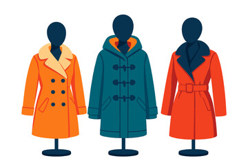 Colorful winter coats displayed on mannequins in a stylish clothing store during autumn season