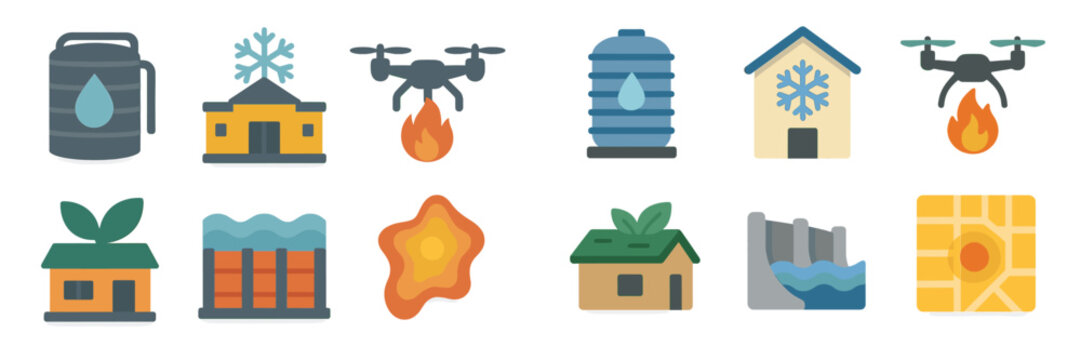 Emergency response icons depicting firefighting and water management in various scenarios and locations