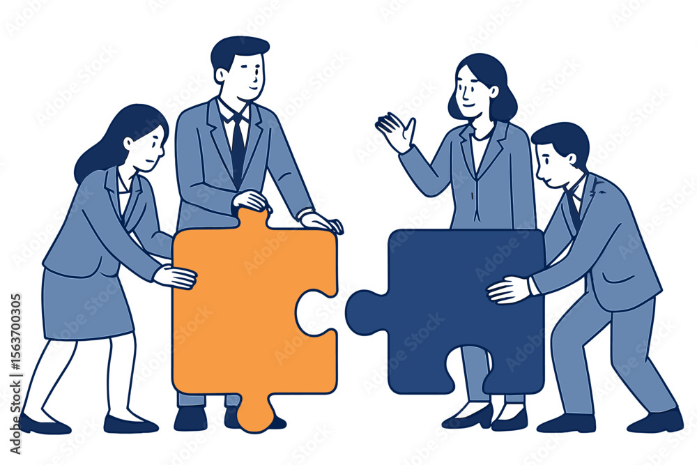 Poster Teamwork in action as four professionals collaborate on a puzzle to symbolize unity and problem-solving skills